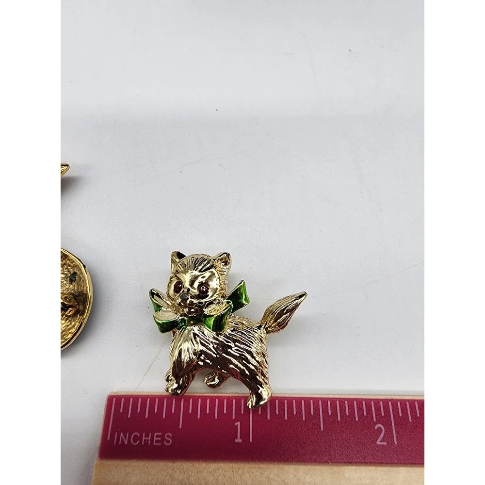 Vintage Style Cat Brooch Set Black Enamel Rhinestone Gold Tone Kitten Pins 2pc